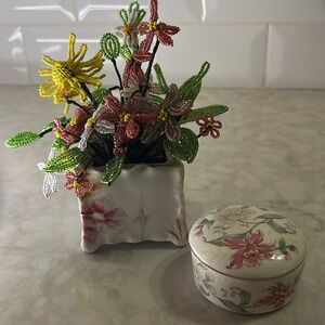 Vintage Beaded Floral Arrangement in Yellow, Green, Pink
